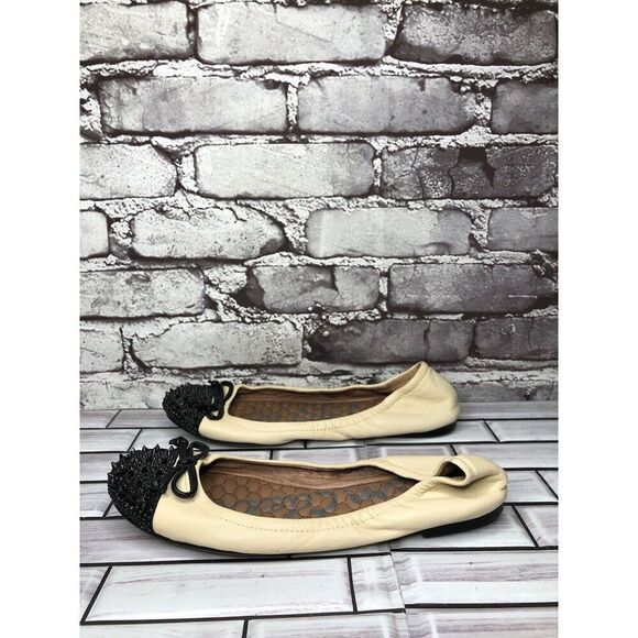 Sam Edelman Beatrix Beige Leather Black Bow Studded Toe Ballet Flats Women Sz 7M - Picture 1 of 16